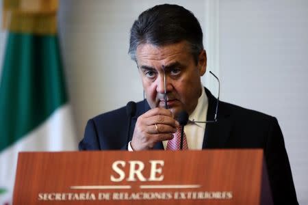 German Foreign Minister Sigmar Gabriel addresses the media after a private meeting with his Mexican counterpart Luis Videgaray (not pictured) in Mexico City, Mexico, May 19, 2017. REUTERS/Edgard Garrido