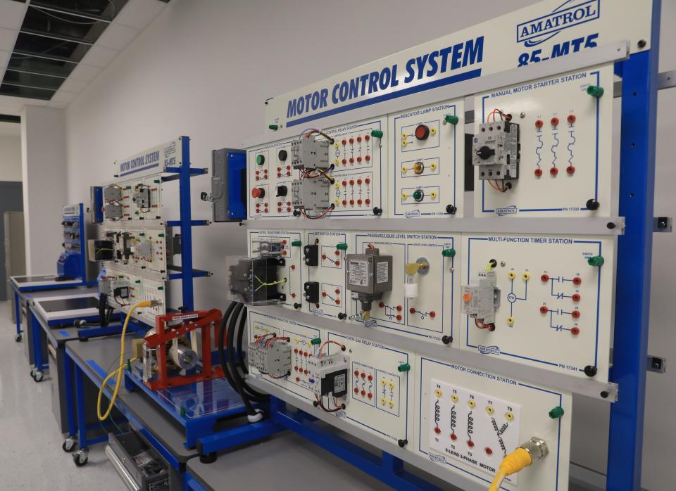 A motor controll systems lab station in the mechatronics lab at Dutchess Community College's Fishkill campus on July 12, 2023. 