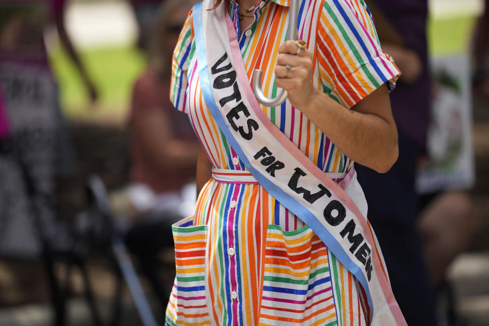 Jessica Ramirez joins a rally to support voter rights on the steps of the Texas Capitol, Thursday, July 8, 2021, in Austin, Texas. The Texas Legislature began a special session Thursday. (AP Photo/Eric Gay)