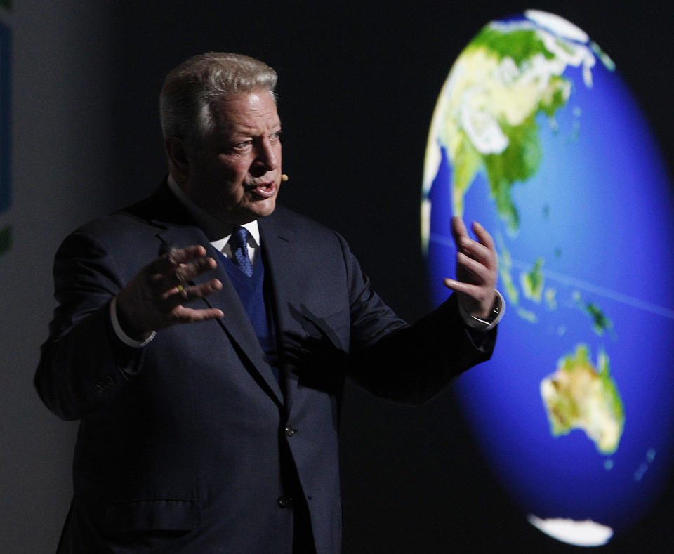 Former U.S vice president and climate activist Al Gore makes a speech on acting for climate to participants in a U.N. climate summit that is to work out ways of keeping global warming in check, in Katowice, Poland, Wednesday, Dec. 12, 2018.(AP Photo/Czarek Sokolowski)