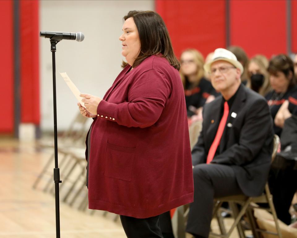 Violet Merjanian of Valley Cottage delivers remarks at the Nyack school board meeting at Nyack Middle School, March 19, 2024.