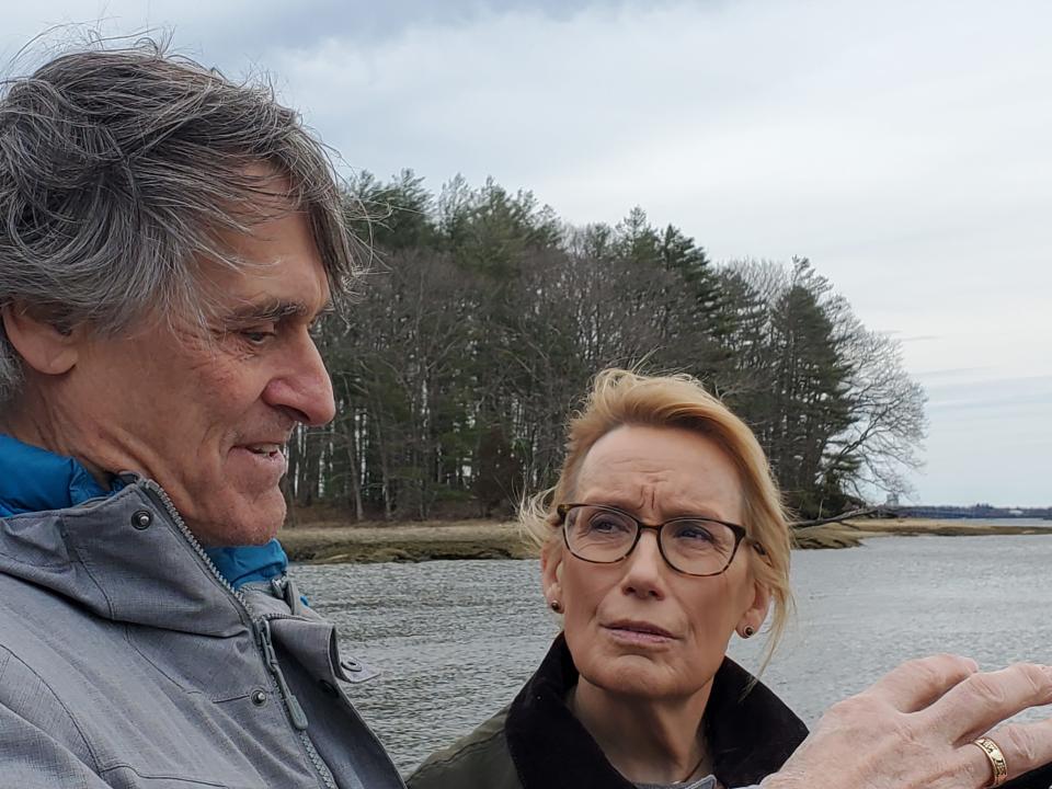 Dr. Tom Ballestero, director of the UNH Storm Water Center, shows US Senator Maggie Hassan areas of erosion at Wagon Hill Farm that federal grant money could help restore and protect