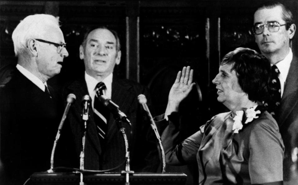 Connecticut Democrat Ella Grasso, the first woman governor elected unconnected to a political spouse, is sworn in on Jan. 8, 1975. <a href="https://newsroom.ap.org/detail/EllaGrasso/bbf3383c3dd64495a6cc869f4642b80f/photo?Query=Ella%20Grasso&mediaType=photo&sortBy=arrivaldatetime:desc&dateRange=Anytime&totalCount=30&currentItemNo=2" rel="nofollow noopener" target="_blank" data-ylk="slk:AP Photo/Bob Child;elm:context_link;itc:0;sec:content-canvas" class="link ">AP Photo/Bob Child</a>