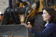 Gov. Kathy Hochul speaks during a briefing on preparations for the impending snowstorm that is expected to dump several feet of snow on the Western New York area beginning tonight at the New York State Thruway's Walden Garage in Cheektowaga, N.Y. on Thursday, Nov. 17, 2022. (Derek Gee/The Buffalo News via AP)