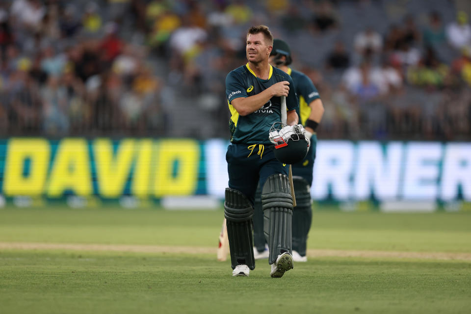 PERTH, AUSTRALIA - FEBRUARY 13: David Warner of Australia walks from the field after being dismissed during game three of the Men's T20 International series between Australia and West Indies at Optus Stadium on February 13, 2024 in Perth, Australia. (Photo by Paul Kane/Getty Images)
