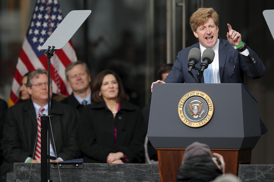 Former U.S. Congressman Patrick Kennedy (R) speaks during dedication ceremonies for the Edward M. Kennedy Institute in Boston, Massachusetts March 30, 2015. Onstage with him are Connecticut State Senator Ted Kennedy Jr. (L), son of former U.S. Senator Edward Kennedy, and Victoria Reggie Kennedy (2nd L), widow of Senator Edward Kennedy.   REUTERS/Brian Snyder