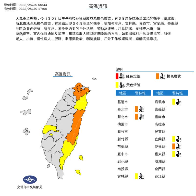 ▲氣象局針對7縣市發布高溫警訊。（圖／氣象局提供）