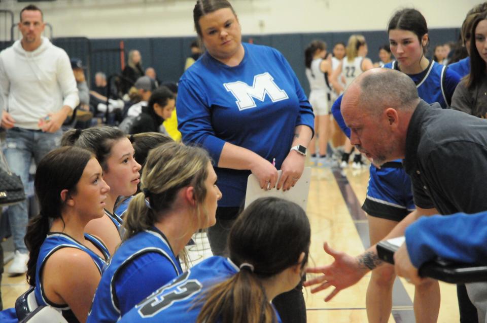 McNary head coach Mike McShane talks to players during the second half against Canby at Canby High School on Friday, Feb. 10, 2023.