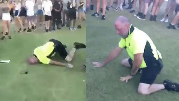 The security guard attempts to pick himself up off the ground. Photo: Facebook