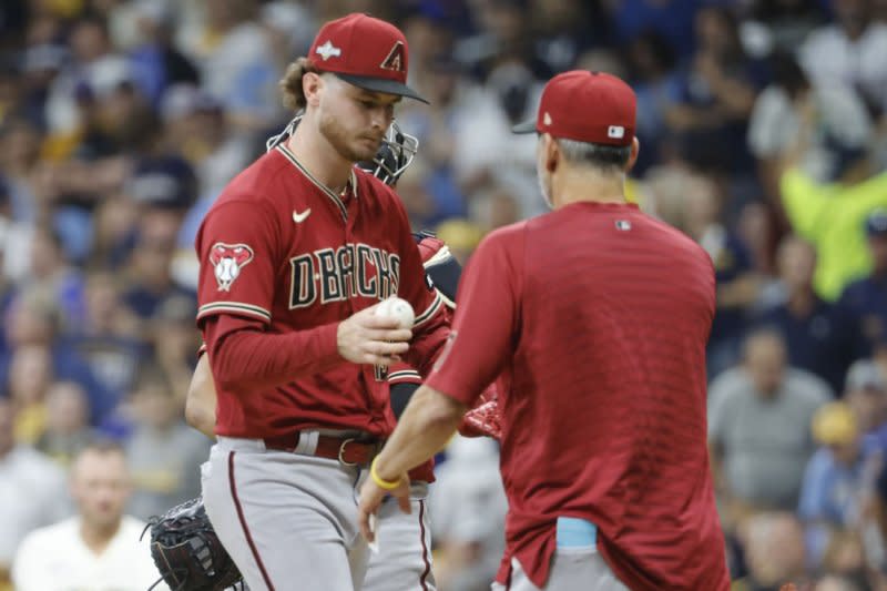 Arizona Diamondbacks pitcher Ryne Nelson said he will test his arm Friday morning to determine the extent of his injury. File Photo by Tannen Maury/UPI