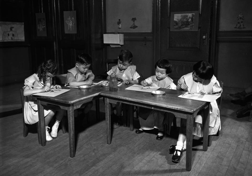 Image: Founded in 1891 as a public school, the building served generations of Italian and Chinese children, many of whom still live in the neighborhood today. Here, a Kindergarten art class met in June, 1935. (NYC Board of Education Collection / NYC Municipal Archives)