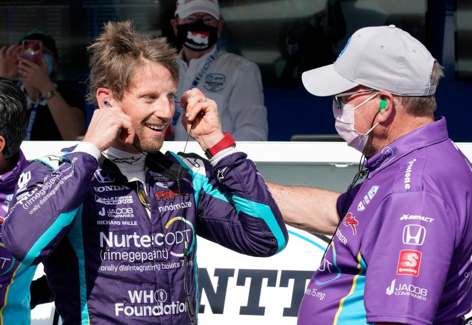 May 14, 2021; Indianapolis, IN, USA; Indy Series driver Romain Grosjean (51) reacts after winning the pole award during qualifying for the GMR Grand Prix at the Indianapolis Motor Speedway.