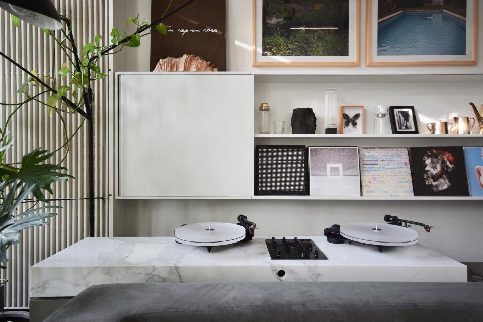 De Meester Vliegen also designed this bespoke DJ table of Calacatta marble for a midcentury apartment in Antwerp.