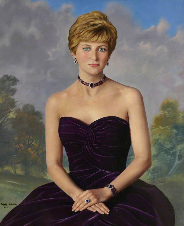 A painting of Diana, Princess of Wales by Anderson, Douglas Hardinge, now hanging at The Royal Marsden NHS Foundation Trust. In the painting, she wore a tulip shaped aubergine velvet strapless gown by Victor Edelstein.