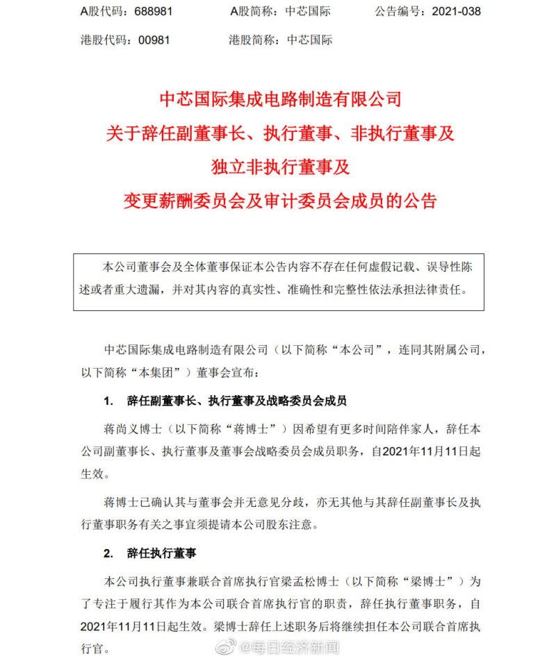 ▲中芯國際11日晚間發出公告，證實蔣尚義辭任公司副董事長、執行董事及董事會戰略委員會成員職務。（圖／翻攝自微博）