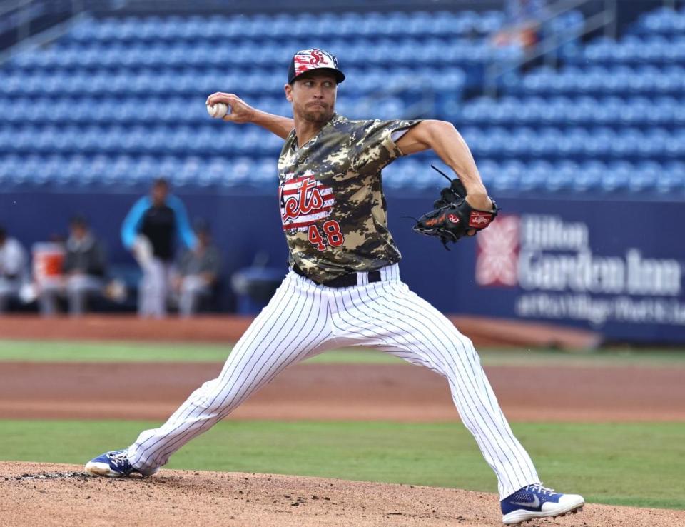 Jacob deGrom throws a pitch for the Class A St. Lucie against the Jupiter Hammerheads on Sunday, July 3, at Clover Park in St. Lucie, Fla.