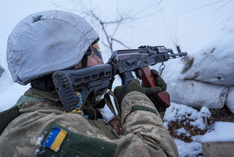 A Ukrainian soldier is seen along the front line as Ukraine's forces battle Russian-backed separatists, near the town of Zolote-4, in eastern Ukraine, January 19, 2022. / Credit: Wolfgang Schwan/Anadolu Agency/Getty