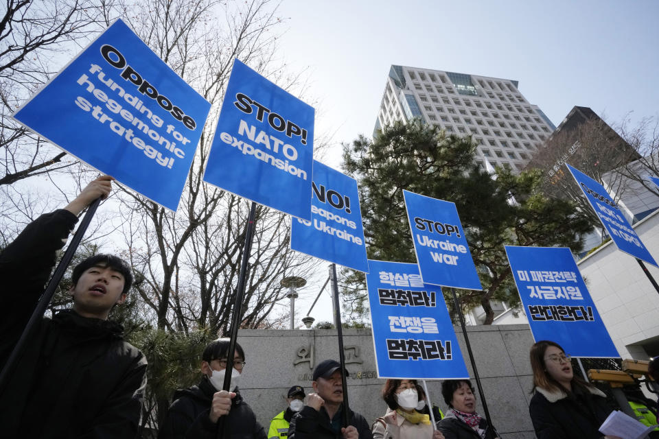 Protesters stage a rally to denounce the visit by U.S. Secretary of State Antony Blinken in front of the Foreign Ministry in Seoul, South Korea, Monday, March 18, 2024.(AP Photo/Ahn Young-joon)