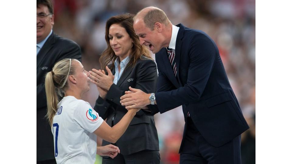 His Royal Highness, Prince William with Beth Mead of England after the UEFA Women's Euro England 2022 final match between England and Germany at Wembley Stadium on July 31, 2022 in London, United Kingdom