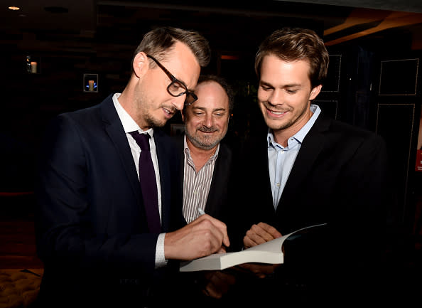 Author Ken Baker, director Kevin Pollak and actor Johnny Simmons pose at the after party for the premiere of Momentum Pictures' 'The Late Bloomer' at The Tuck Tavern on October 3, 2016 in Los Angeles, California. (Photo by Kevin Winter/Getty Images)