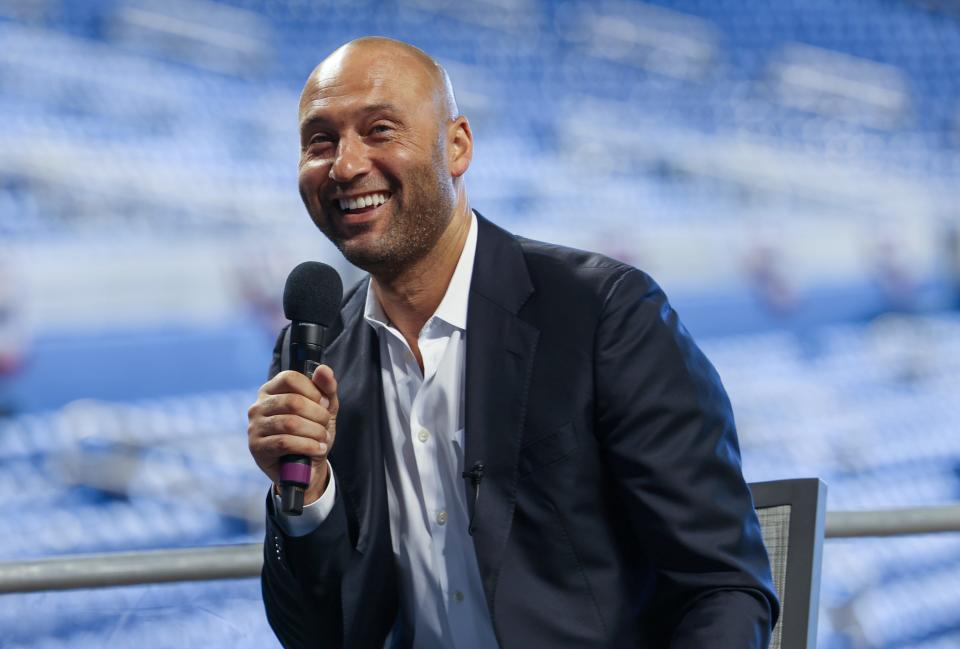 CEO of the Miami Marlins Derek Jeter speaks to the media to announce loanDepot as the exclusive naming rights partner for loanDepot park, formerly known as Marlins Park, on March 31, 2021 in Miami, Florida.