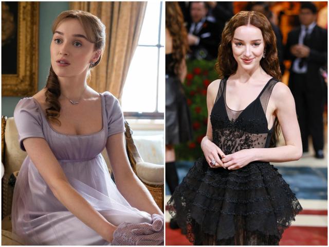 Phoebe Dynevor side by side: As Daphne Bridgerton on &quot;Bridgerton&quot; and in a black dress at the 2022 Met Gala