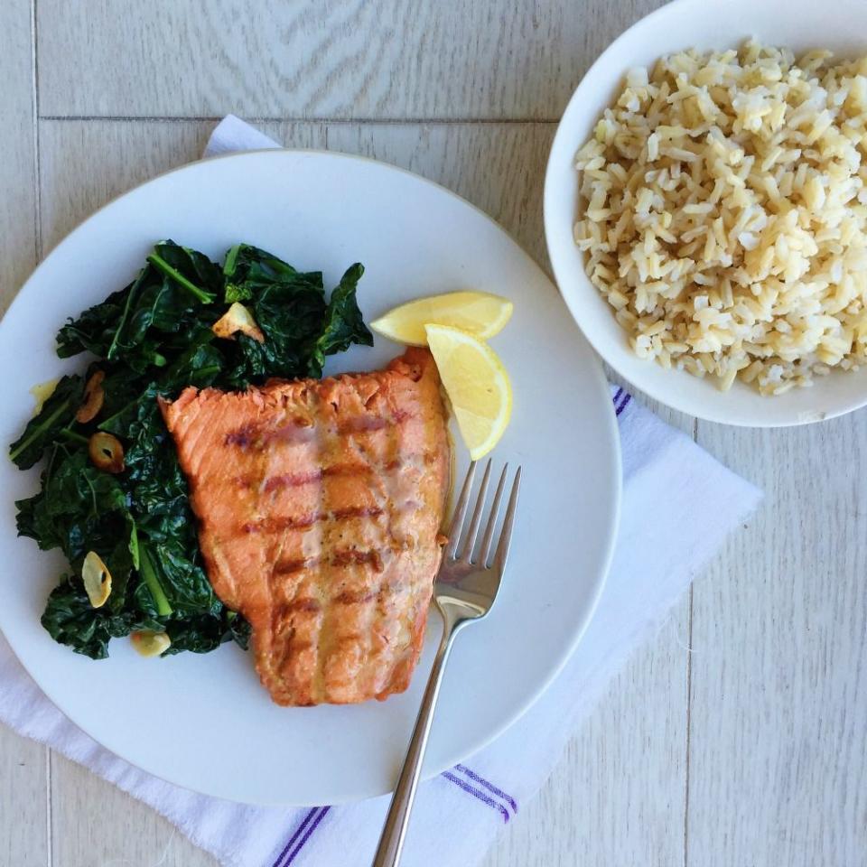 Soy-Glazed Salmon with Garlicky Kale and Brown Rice