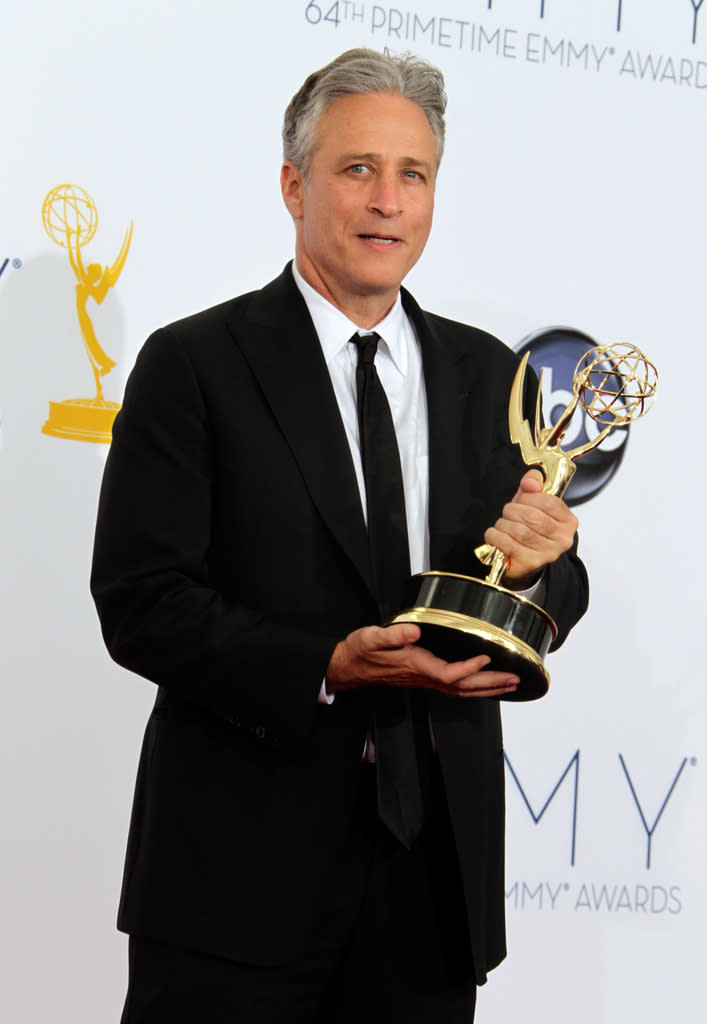 Jon Stewart, winner Outstanding Variety Series for "The Daily Show With Jon Stewart," poses in the press room at the 64th Primetime Emmy Awards at the Nokia Theatre in Los Angeles on September 23, 2012.