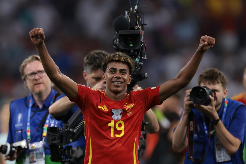 MUNICH, GERMANY - JULY 09: Lamine Yamal of Spain celebrates the 2-1 victory and passage to the final following the final whistle of the UEFA EURO 2024 semi-final match between Spain v France at Munich Football Arena on July 09, 2024 in Munich, Germany. (Photo by Jonathan Moscrop/Getty Images)