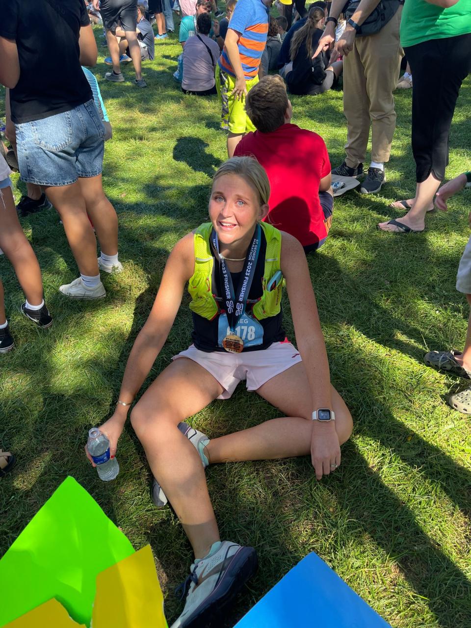 Deseret News reporter Meg Walter is pictured “trying not to barf and/or die,” in her words, after finishing the St. George Marathon on Saturday, Oct. 7, 2023.