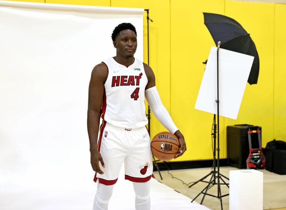 Miami Heat guard Victor Oladipo poses for Getty Images photographer Michael Reaves during Media Day for the 2021-22 NBA season at FTX Arena on Monday, September 27, 2021, in Miami.