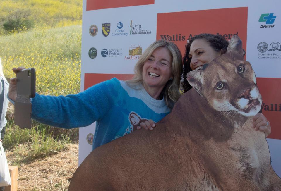 Beth Pratt, left, California director of the National Wildlife Federation, takes a selfie with Agoura Hills Mayor Deborah Klein Lopez. The two were at the groundbreaking for the Wallis Annenberg Wildlife Crossing April 22.