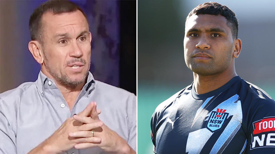 Matty Johns speaks and Tevita Pangai Junior poses for a photo.