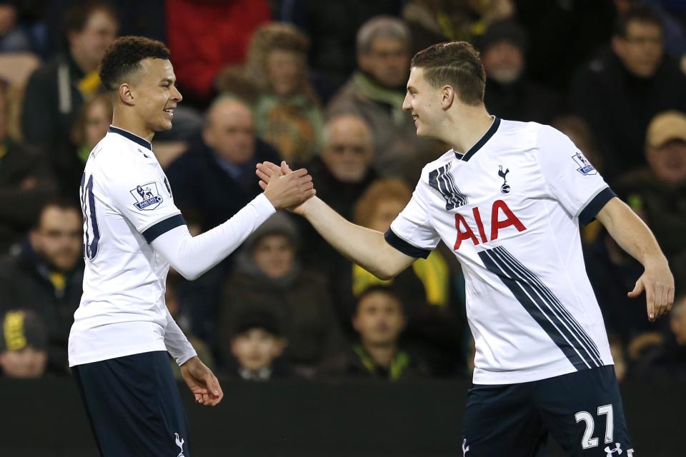 Football Soccer - Norwich City v Tottenham Hotspur - Barclays Premier League - Carrow Road - 2/2/16 Tottenham's Dele Alli celebrates scoring their first goal with Kevin Wimmer Action Images via Reuters / Paul Childs Livepic EDITORIAL USE ONLY. No use with unauthorized audio, video, data, fixture lists, club/league logos or "live" services. Online in-match use limited to 45 images, no video emulation. No use in betting, games or single club/league/player publications. Please contact your account representative for further details.