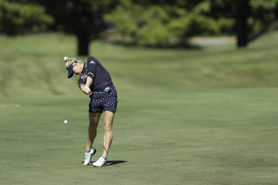 Charley Hull, of England, hits to the 14th green during the first round of the Indy Women in Tech Championship golf tournament, Thursday, Sept. 26, 2019, in Indianapolis. (AP Photo/Darron Cummings)