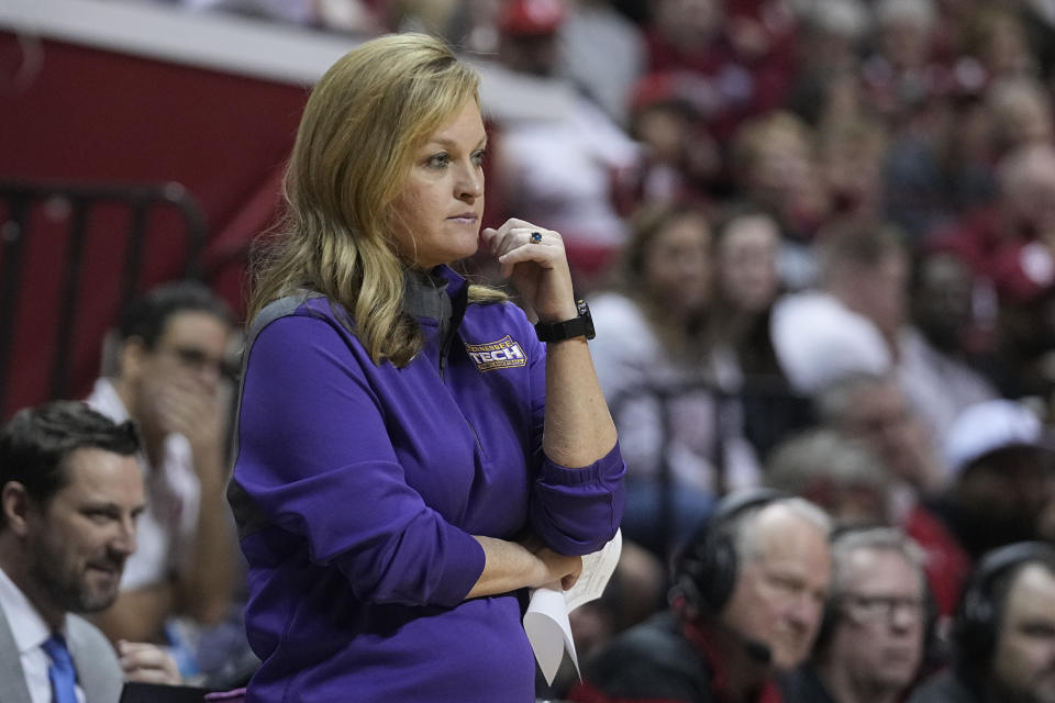 Tennessee Tech head coach Kim Rosamond watches during the second half of a first-round college basketball game against Indiana in the women's NCAA Tournament Saturday, March 18, 2023, in Bloomington, Ind. (AP Photo/Darron Cummings)