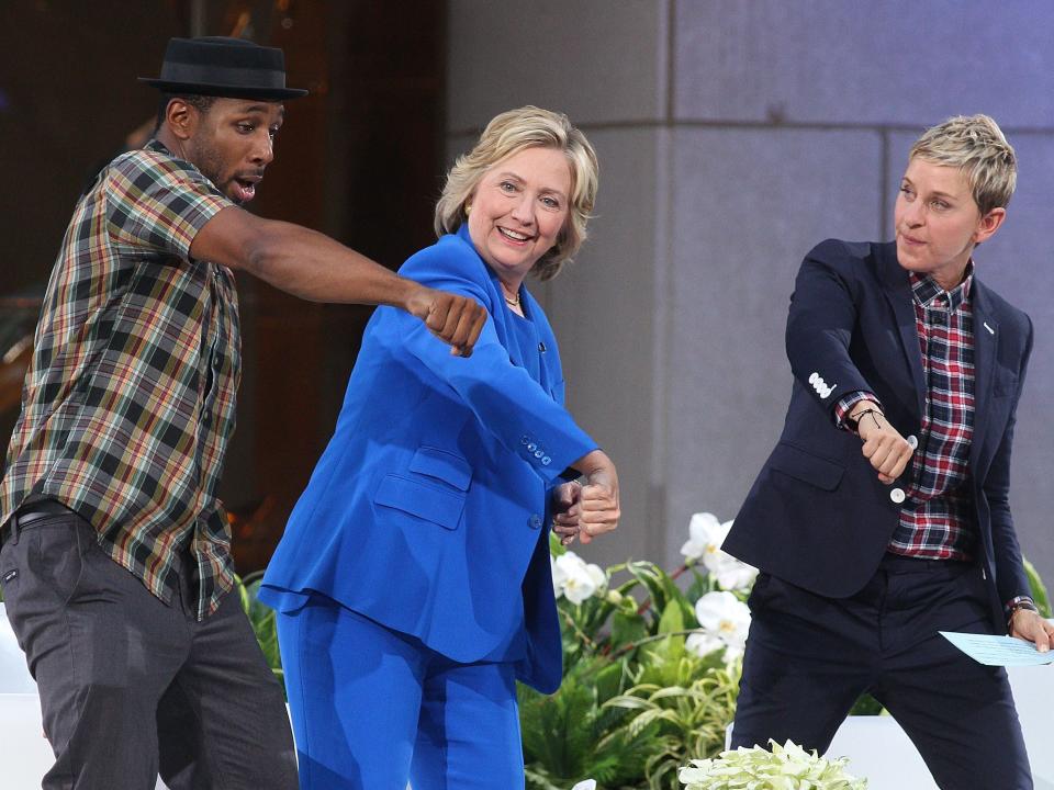 tWitch, Hillary Clinton, and Ellen DeGeneres dancing in 2015.