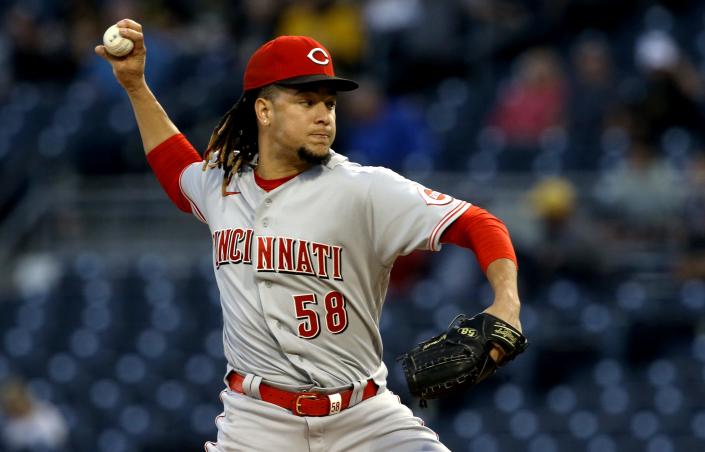 Oct 1, 2021; Pittsburgh, Pennsylvania, USA;  Cincinnati Reds starting pitcher Luis Castillo (58) delivers a pitch against the Pittsburgh Pirates during the first inning at PNC Park. Mandatory Credit: Charles LeClaire-USA TODAY Sports