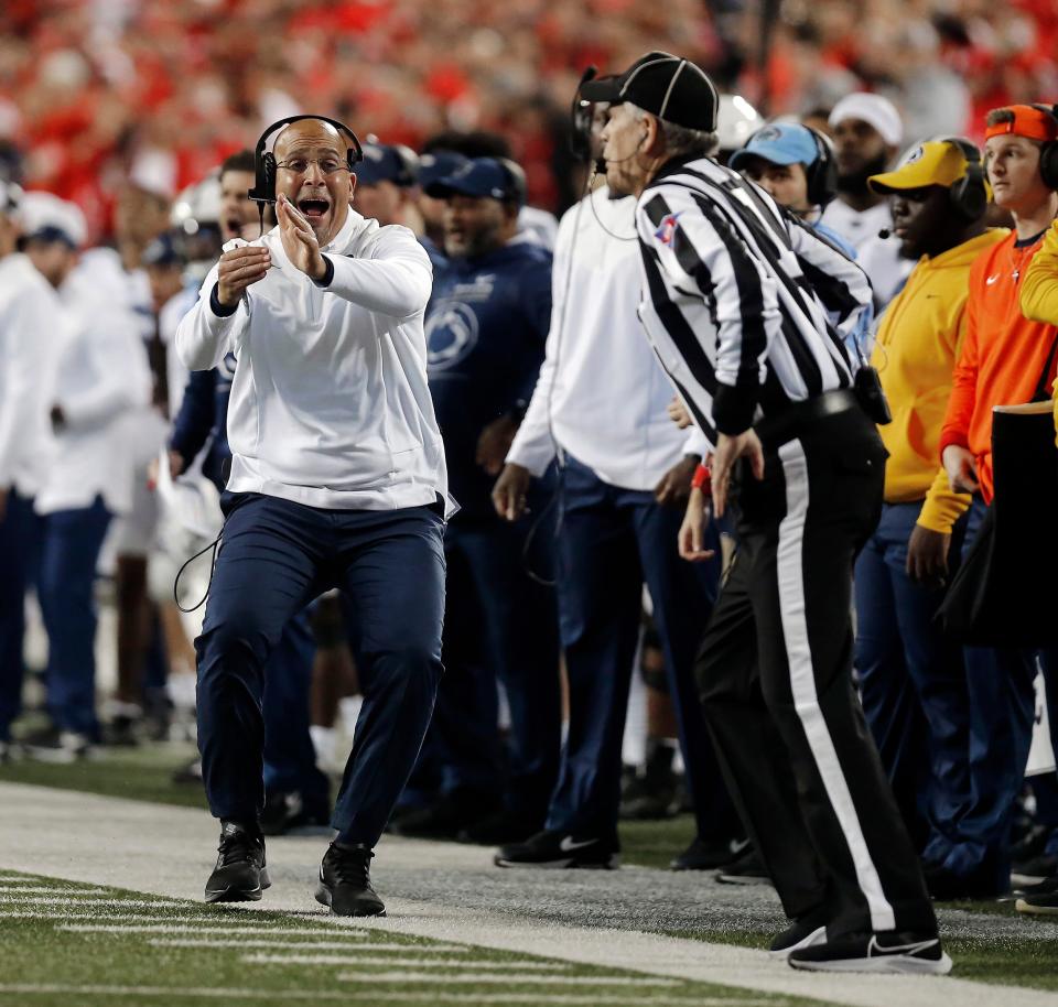 Penn State Nittany Lions head coach James Franklin calls a time out against Ohio State Buckeyes during the first quarter of their game at Ohio Stadium in Columbus, Ohio on October 30, 2021. 
