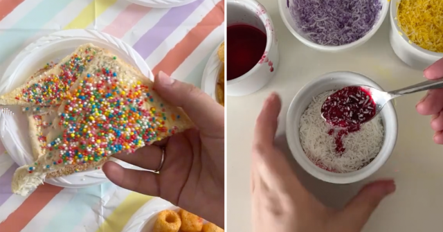 A piece of fairy bread (left) and a mum drizzling beetroot juice on shredded coconut (right). 