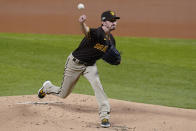 San Diego Padres starting pitcher Zach Davies delivers during the first inning in Game 2 of a baseball National League Division Series Wednesday, Oct. 7, 2020, in Arlington, Texas. (AP Photo/Tony Gutierrez)