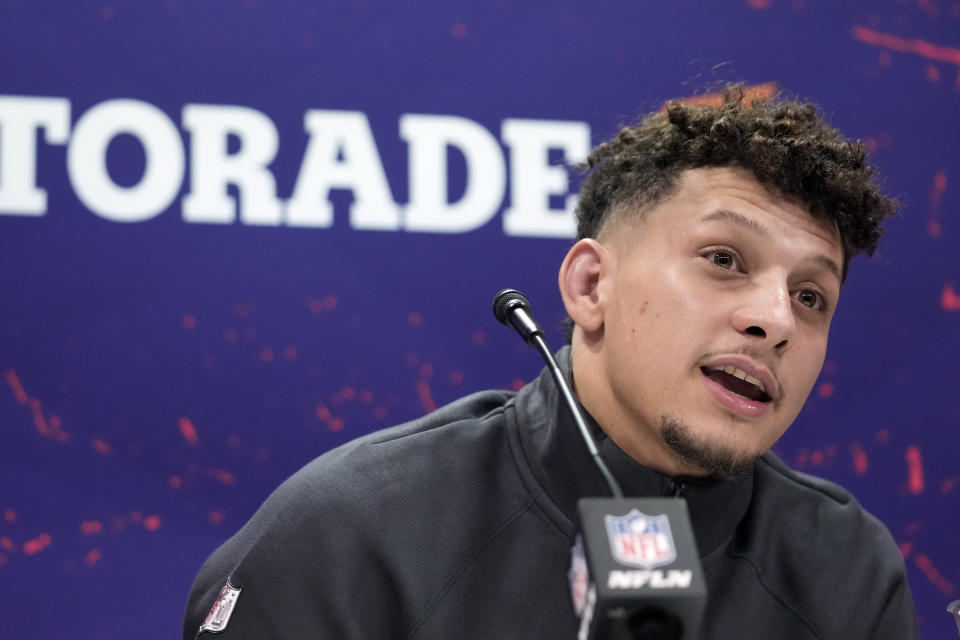 Kansas City Chiefs quarterback Patrick Mahomes answers a question at Super Bowl opening night. (AP Photo/Godofredo A. Vásquez)