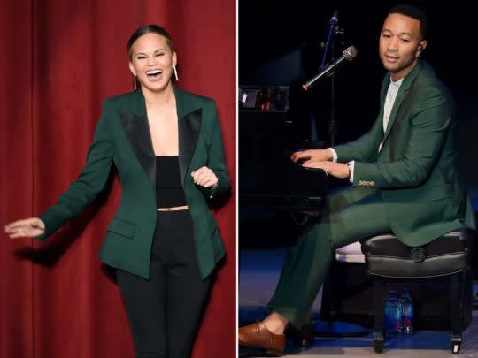 Chrissy Teigen and John Legend in forest green suits