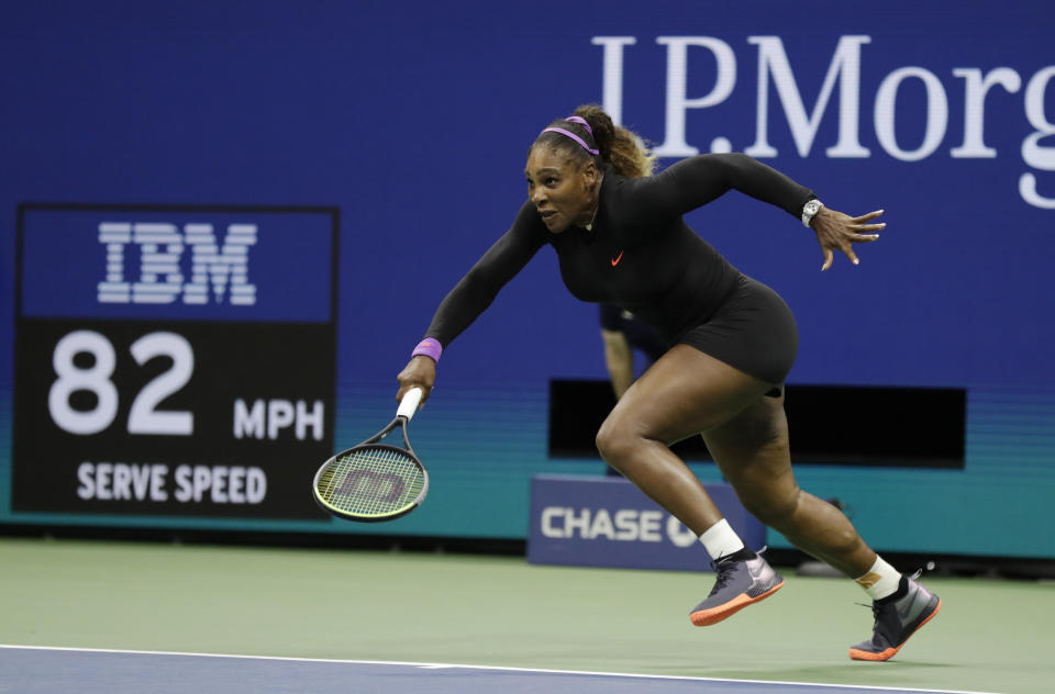 Serena Williams, of the United States, chases down a shot from Elina Svitolina, of Ukraine, during the semifinals of the U.S. Open tennis championships Thursday, Sept. 5, 2019, in New York. (AP Photo/Adam Hunger)