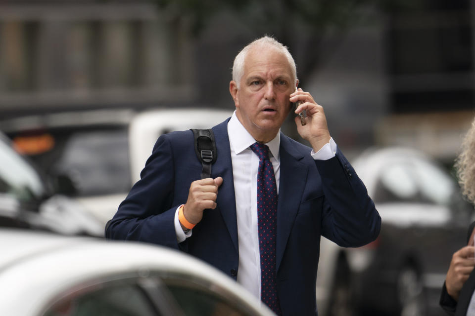 Alan Futerfas, an attorney with the Trump Organization's defense team, leaves court, Thursday, July 1, 2021 in New York. New York prosecutors announced the first criminal indictment in a two-year investigation into Trump's business practices, accusing his namesake company and Allen Weisselberg of tax crimes related to fringe benefits for employees. (AP Photo/Mark Lennihan)