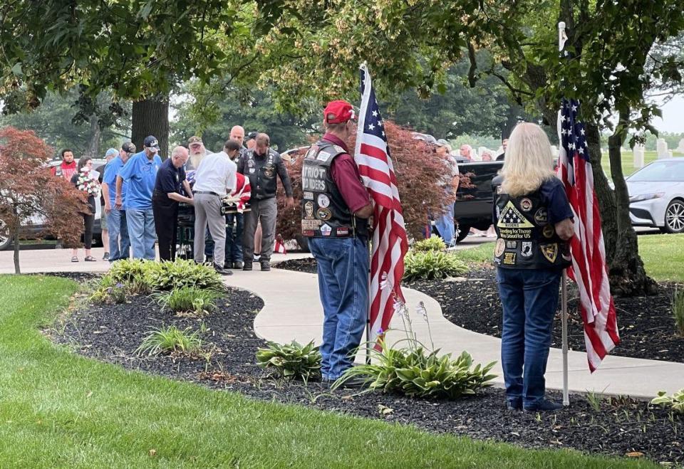 Dozens of people attended the funeral of local Marine veteran James Brooks at the Dayton National Cemetery Thursday. Brooks died at the Dayton VA recently, but had no known family members. (Xavier Hershovitz/Staff)