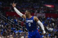 LA Clippers guard Russell Westbrook (0) reacts after Dallas Mavericks forward P.J. Washington failed to make a penalty shot during the first half of Game 1 of an NBA basketball first-round playoff series in Los Angeles, Sunday, April 21, 2024. (AP Photo/Ashley Landis)