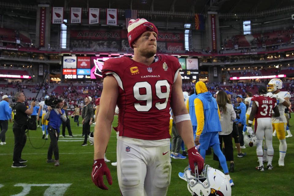 Arizona Cardinals defensive end J.J. Watt (99) walks off the field after an NFL football game against the Los Angeles Chargers, Sunday, Nov. 27, 2022, in Glendale, Ariz. The Chargers defeated the Cardinals 25-24. (AP Photo/Rick Scuteri)