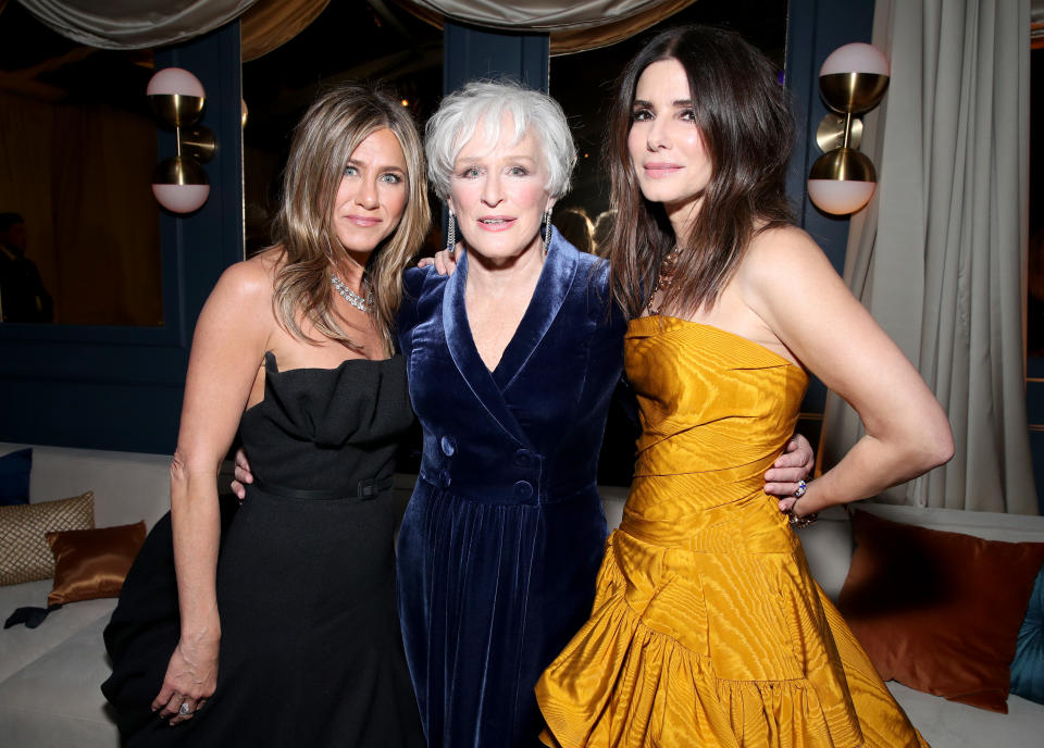 BEVERLY HILLS, CALIFORNIA - JANUARY 05: (L-R) Jennifer Aniston, Glenn Close and Sandra Bullock attend the Netflix 2020 Golden Globes After Party at The Beverly Hilton Hotel on January 05, 2020 in Beverly Hills, California. (Photo by Rich Fury/Getty Images)