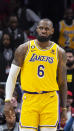 Los Angeles Lakers forward LeBron James reacts during the first half of an NBA basketball game against the Atlanta Hawks, Friday, Dec. 30, 2022, in Atlanta. (AP Photo/Hakim Wright Sr.)